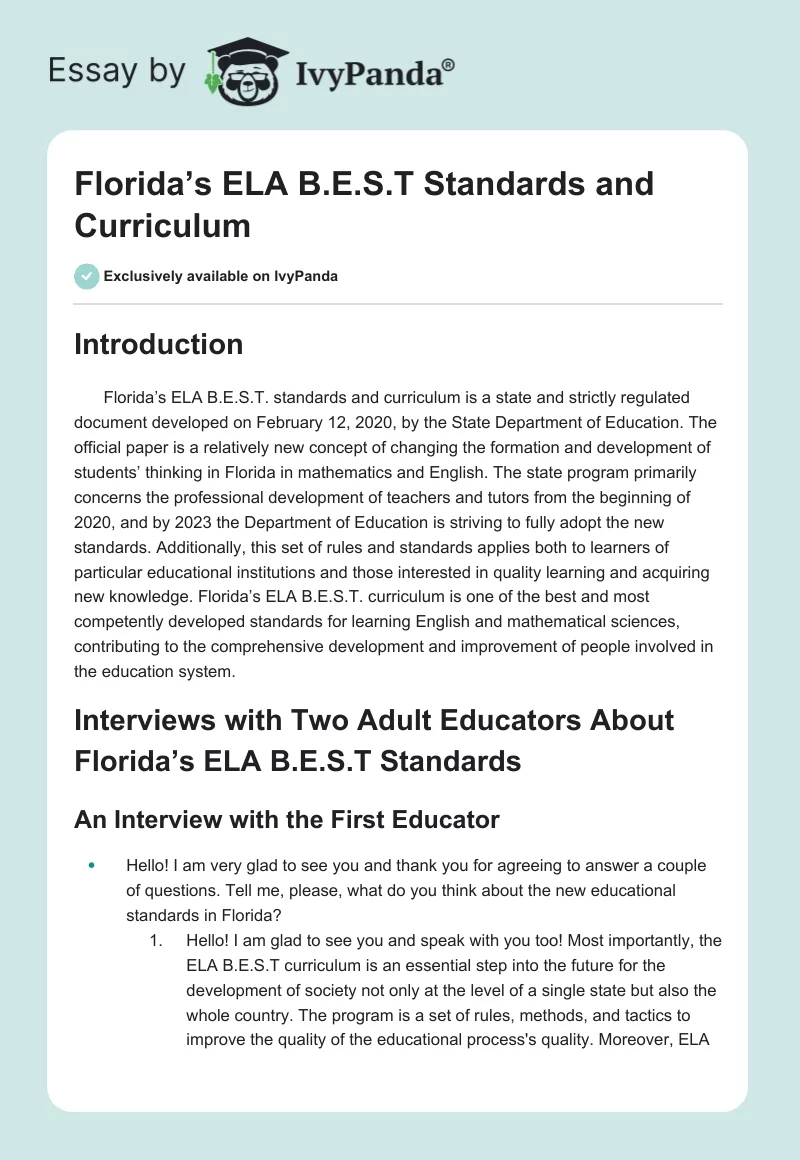 Florida’s ELA B.E.S.T Standards and Curriculum. Page 1