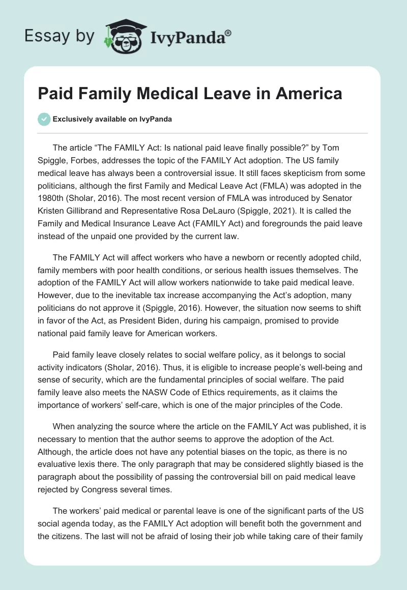 Paid Family Medical Leave in America. Page 1