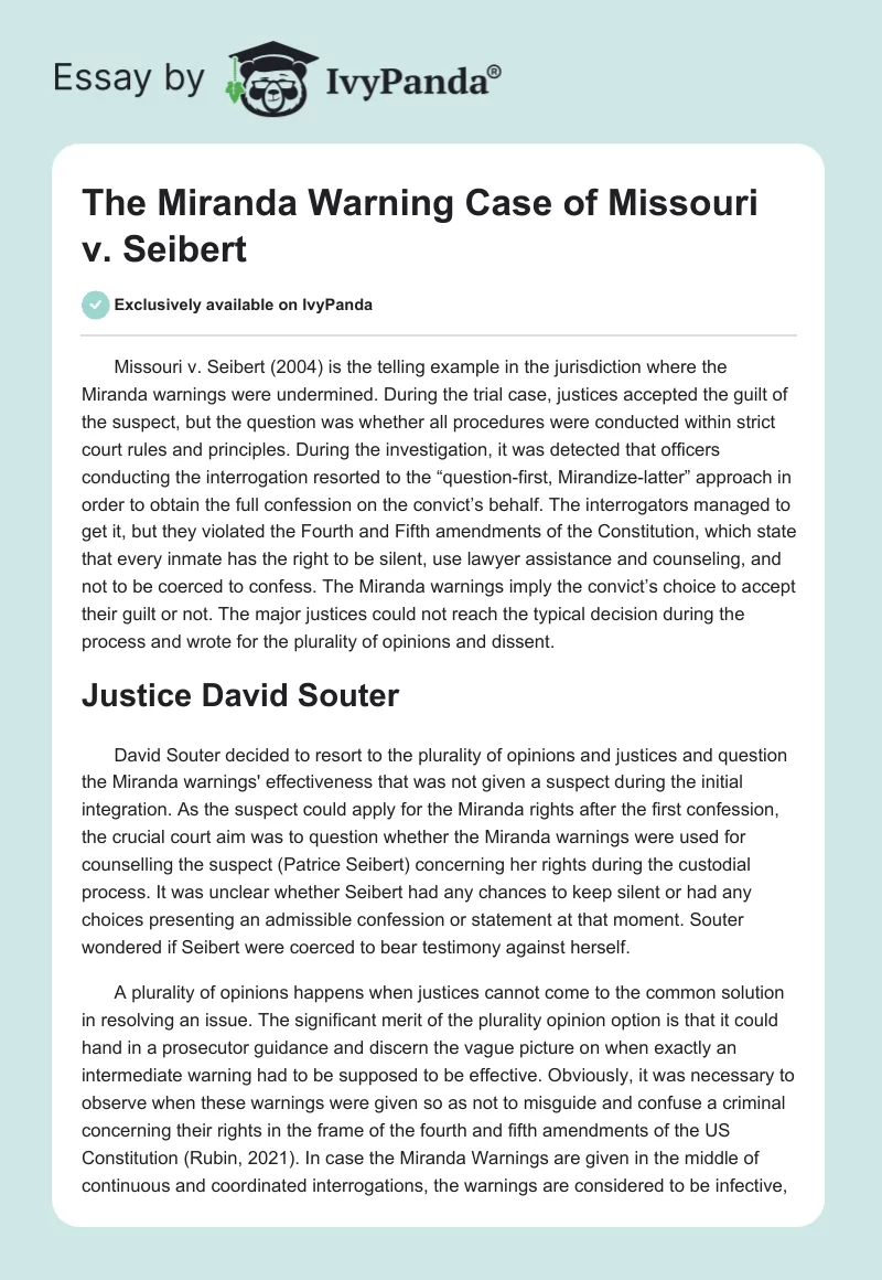 The Miranda Warning Case of Missouri v. Seibert. Page 1