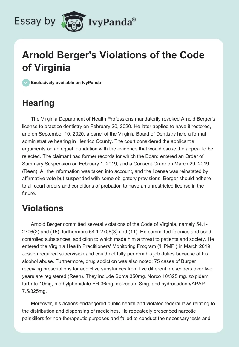 Arnold Berger's Violations of the Code of Virginia. Page 1
