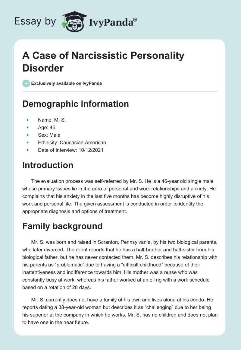 A Case of Narcissistic Personality Disorder. Page 1