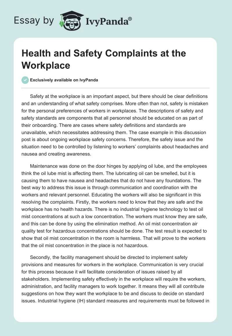 Health and Safety Complaints at the Workplace. Page 1