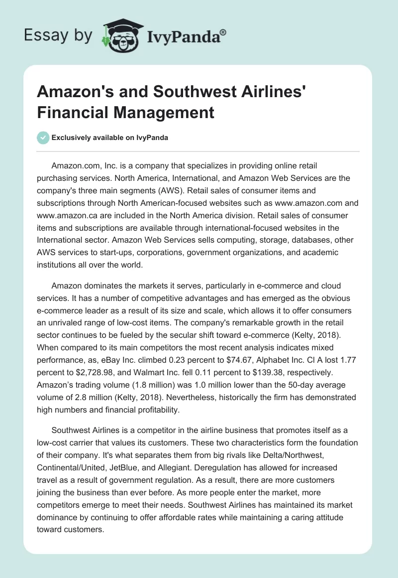 Amazon's and Southwest Airlines' Financial Management. Page 1