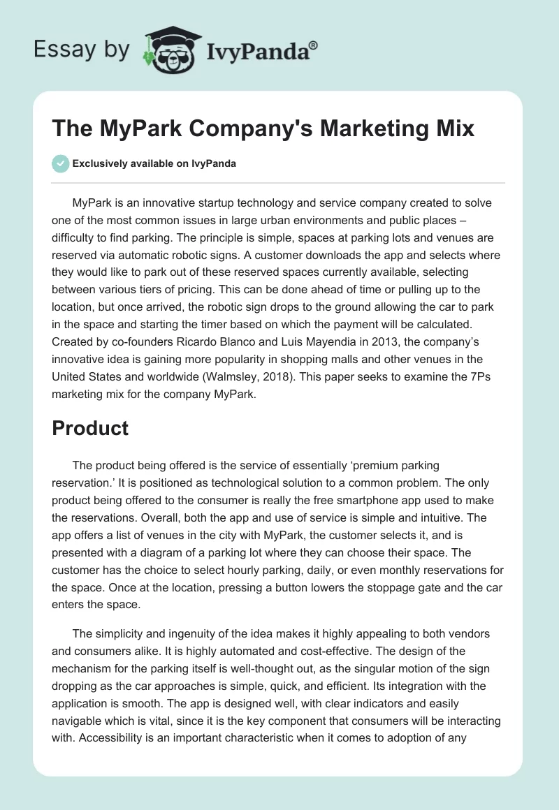 The MyPark Company's Marketing Mix. Page 1