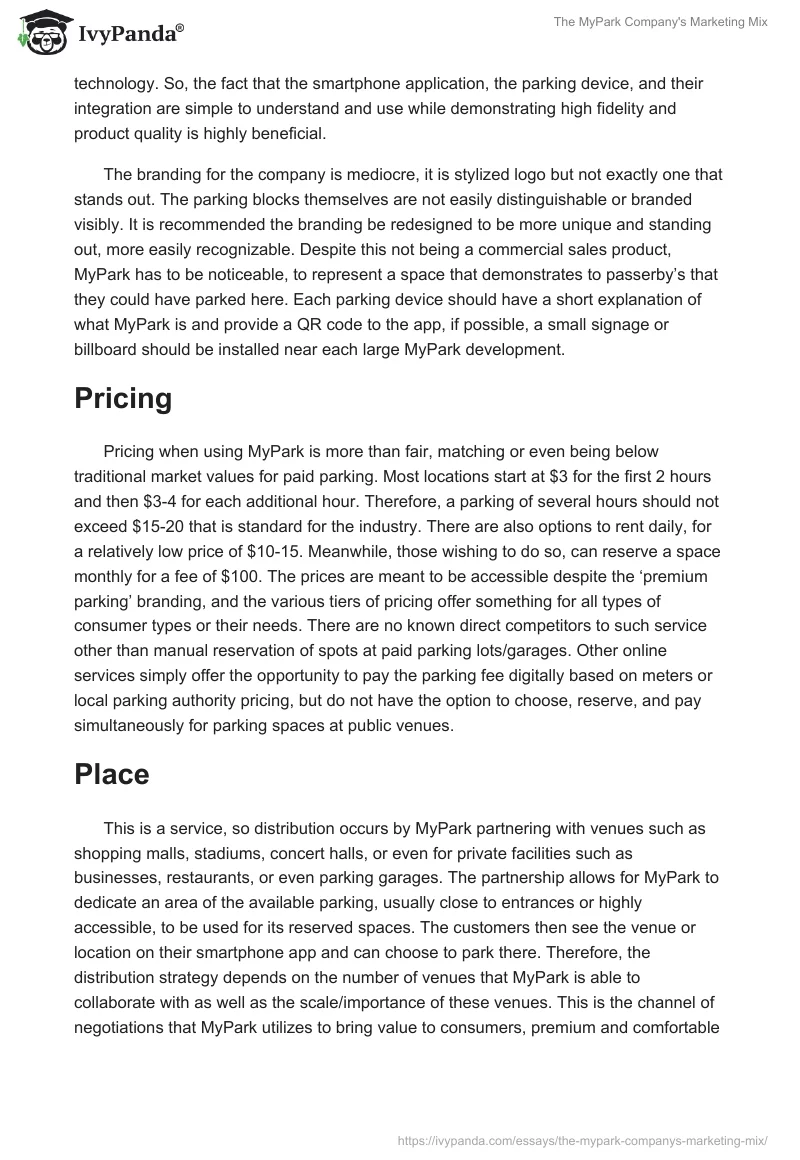 The MyPark Company's Marketing Mix. Page 2