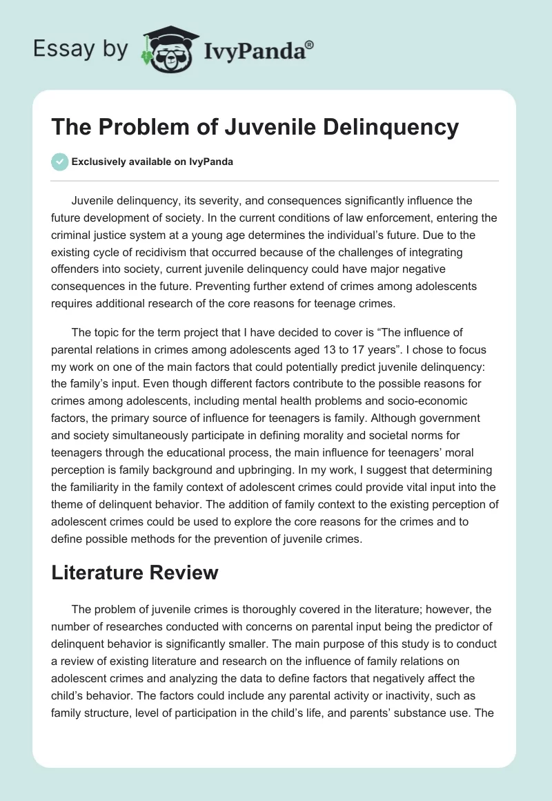 the problem of juvenile delinquency essay