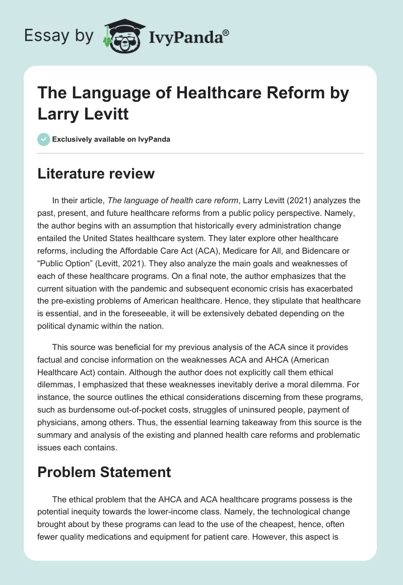 "The Language of Healthcare Reform" by Larry Levitt. Page 1