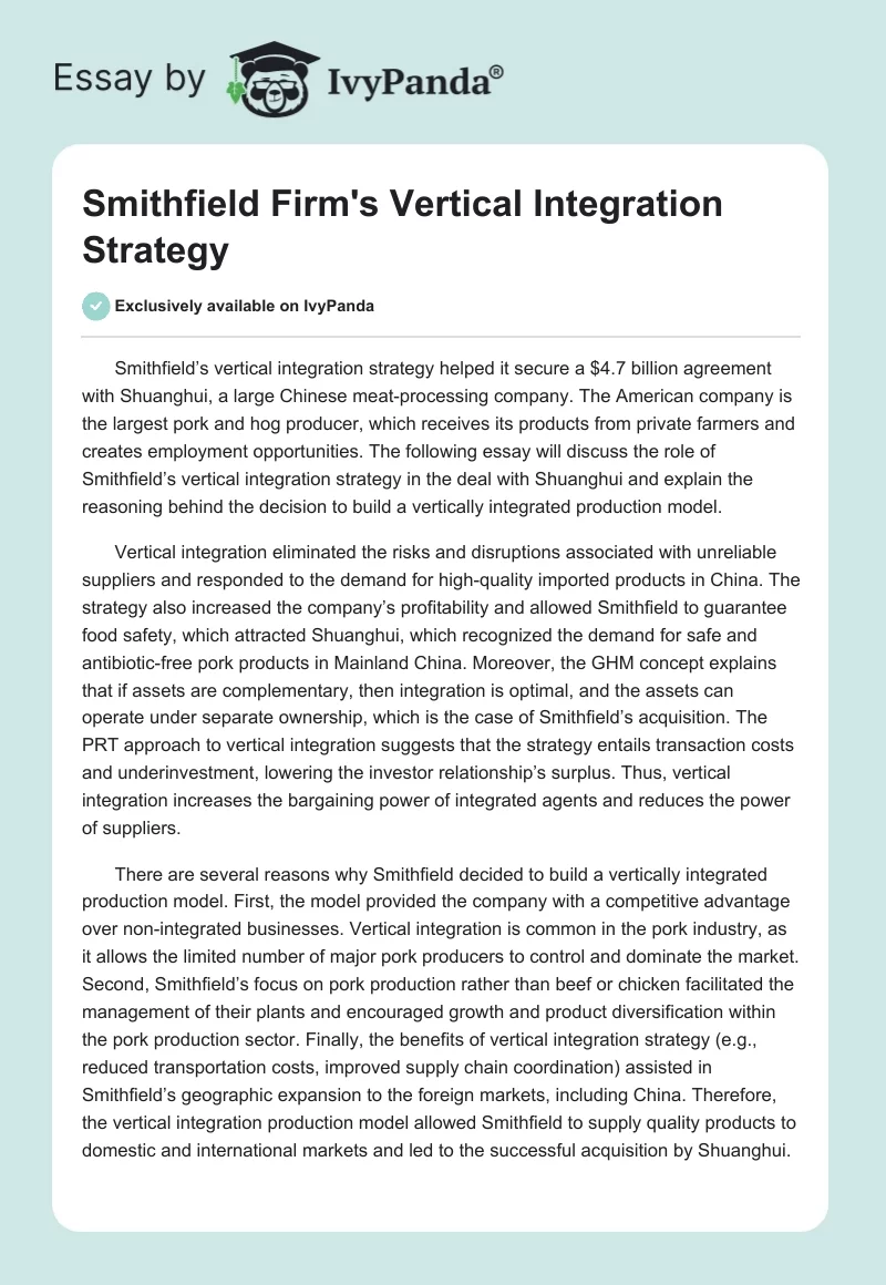 Smithfield Firm's Vertical Integration Strategy. Page 1