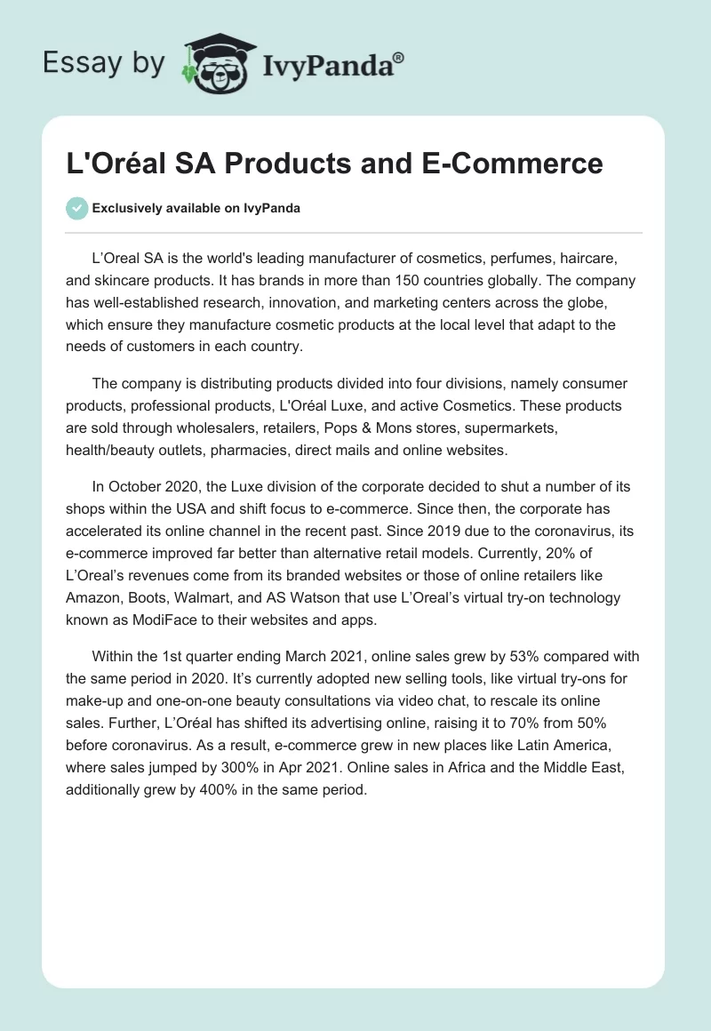 L'Oréal SA Products and E-Commerce. Page 1