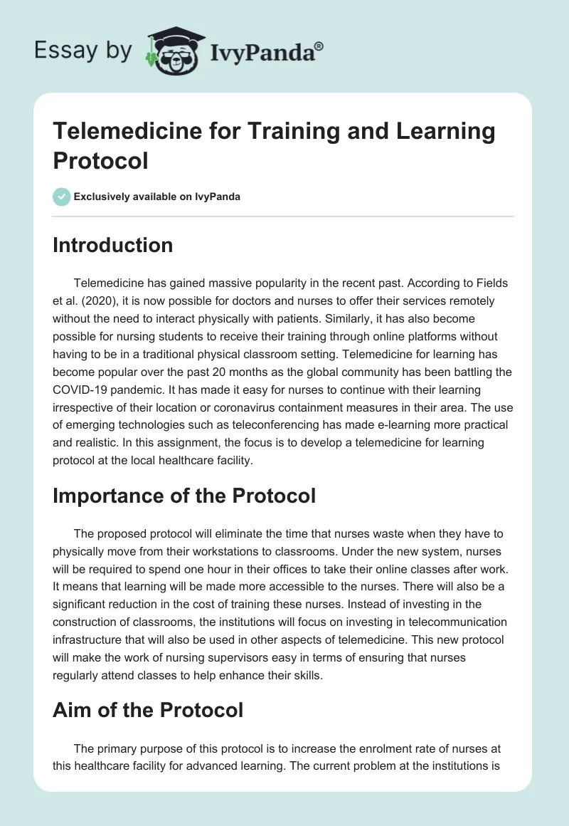 Telemedicine for Training and Learning Protocol. Page 1
