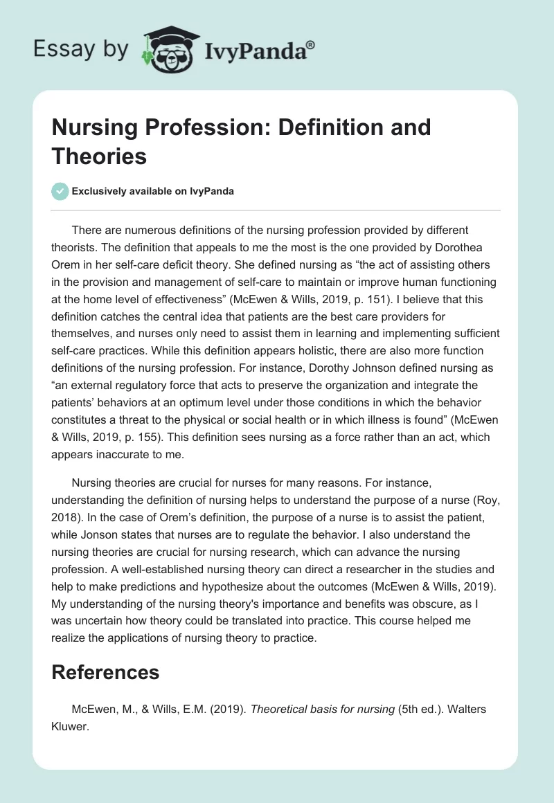 Nursing Profession: Definition and Theories. Page 1