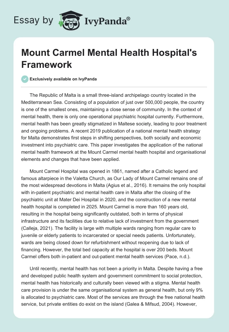 Mount Carmel Mental Health Hospital's Framework. Page 1