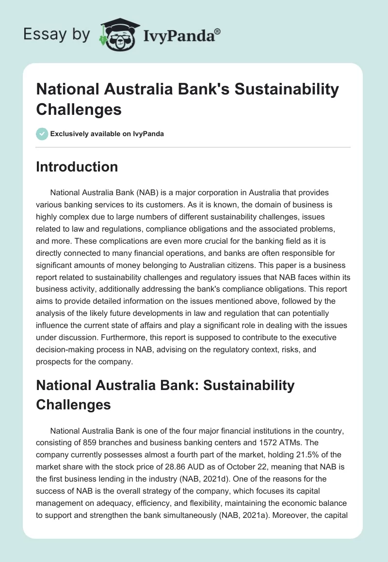 National Australia Bank's Sustainability Challenges. Page 1
