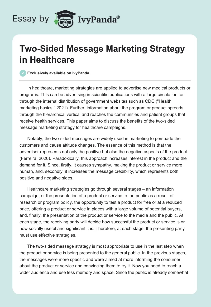 Two-Sided Message Marketing Strategy in Healthcare. Page 1
