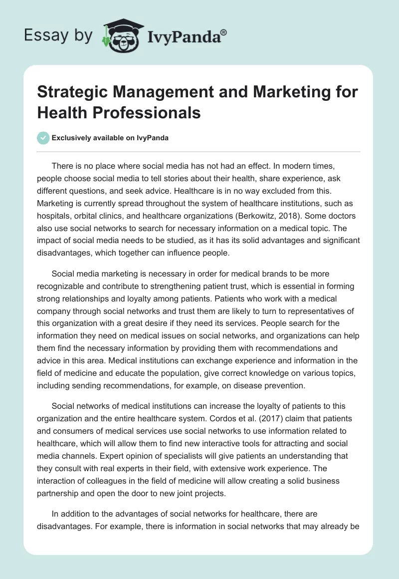 Strategic Management and Marketing for Health Professionals. Page 1