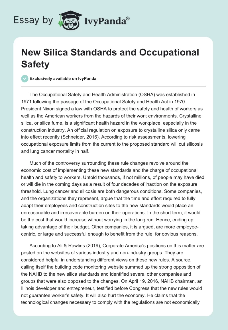 New Silica Standards and Occupational Safety. Page 1