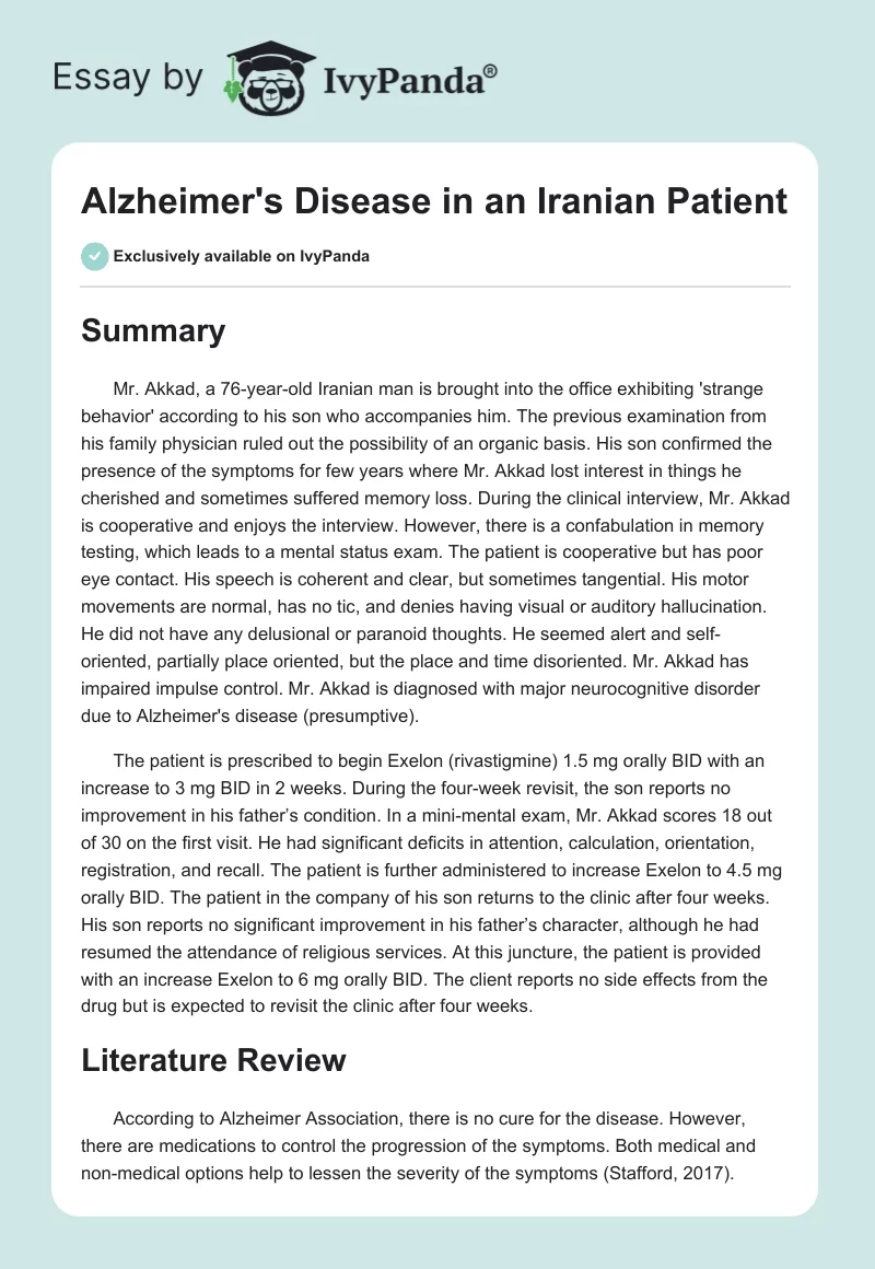 Alzheimer's Disease in an Iranian Patient. Page 1