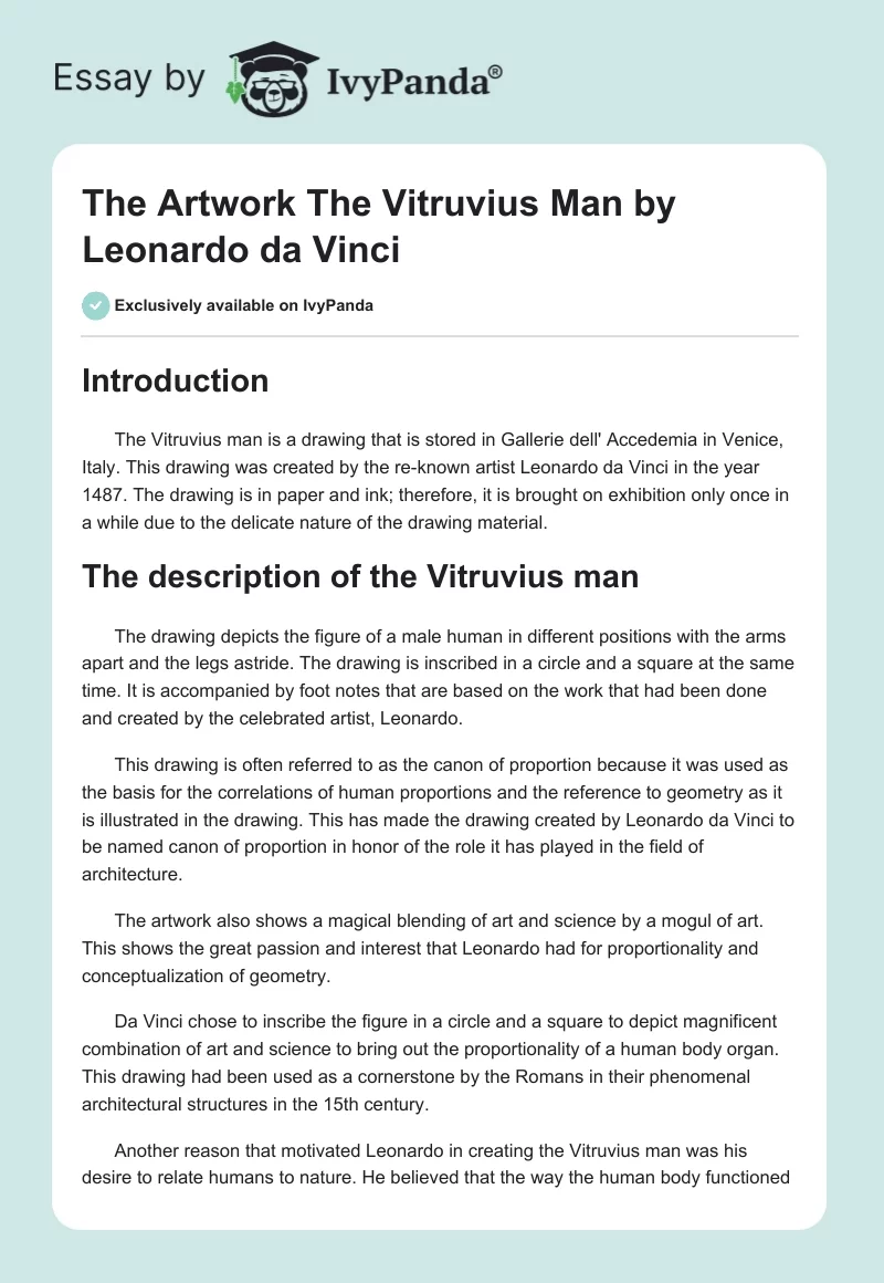 The Artwork "The Vitruvius Man" by Leonardo da Vinci. Page 1
