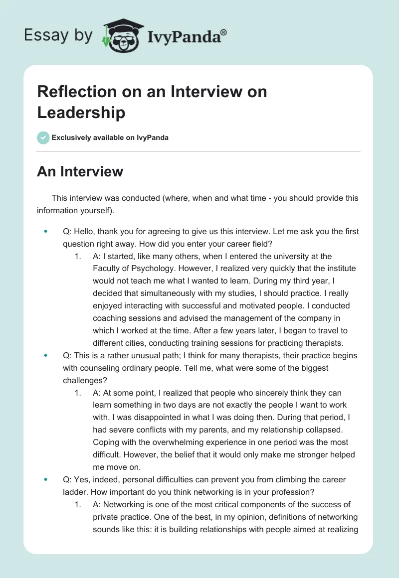 Reflection on an Interview on Leadership. Page 1