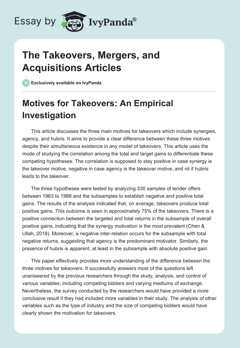 The Takeovers, Mergers, and Acquisitions Articles. Page 1
