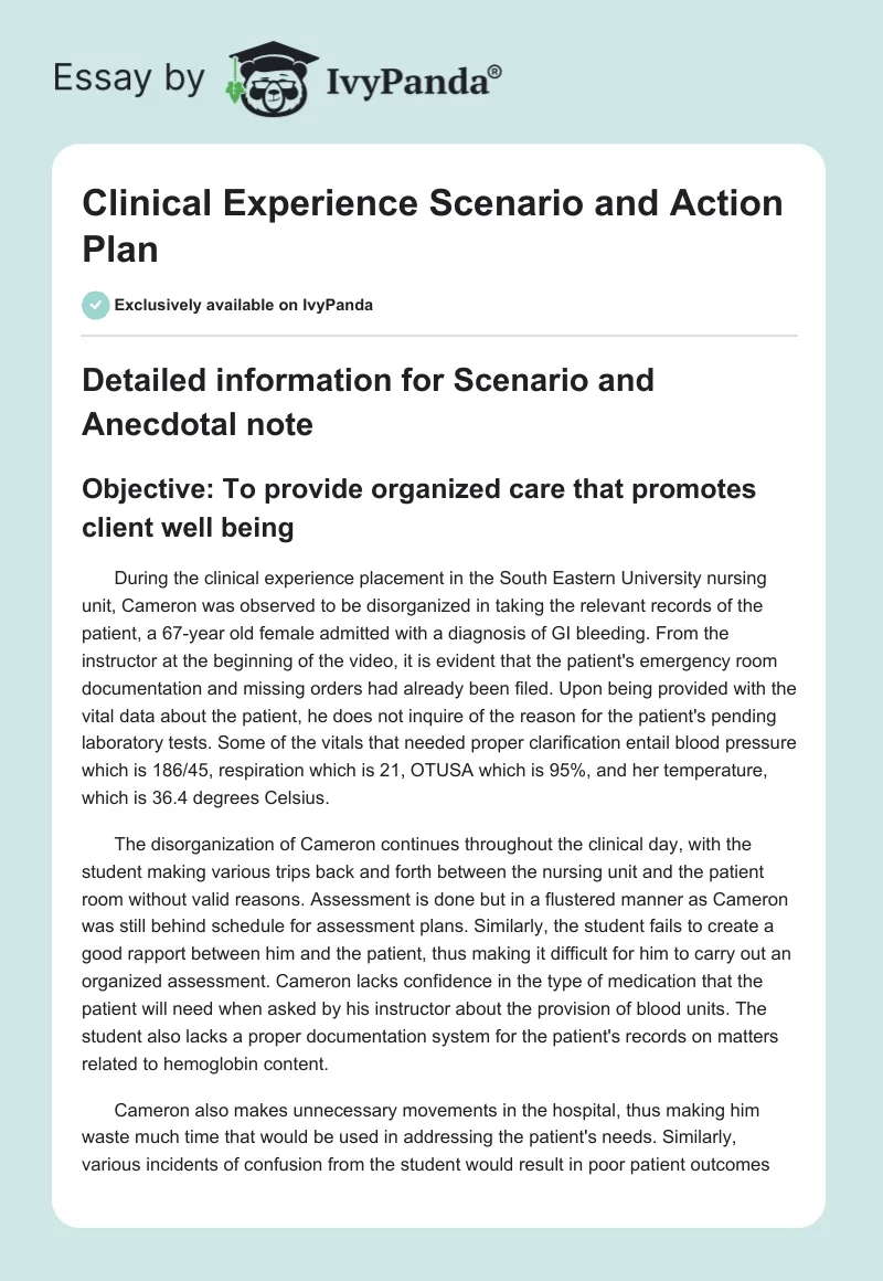 Clinical Experience Scenario and Action Plan. Page 1