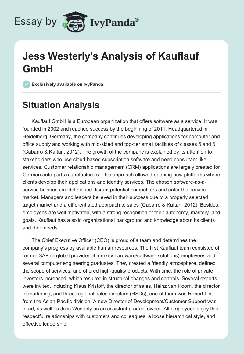 Jess Westerly's Analysis of Kauflauf GmbH. Page 1