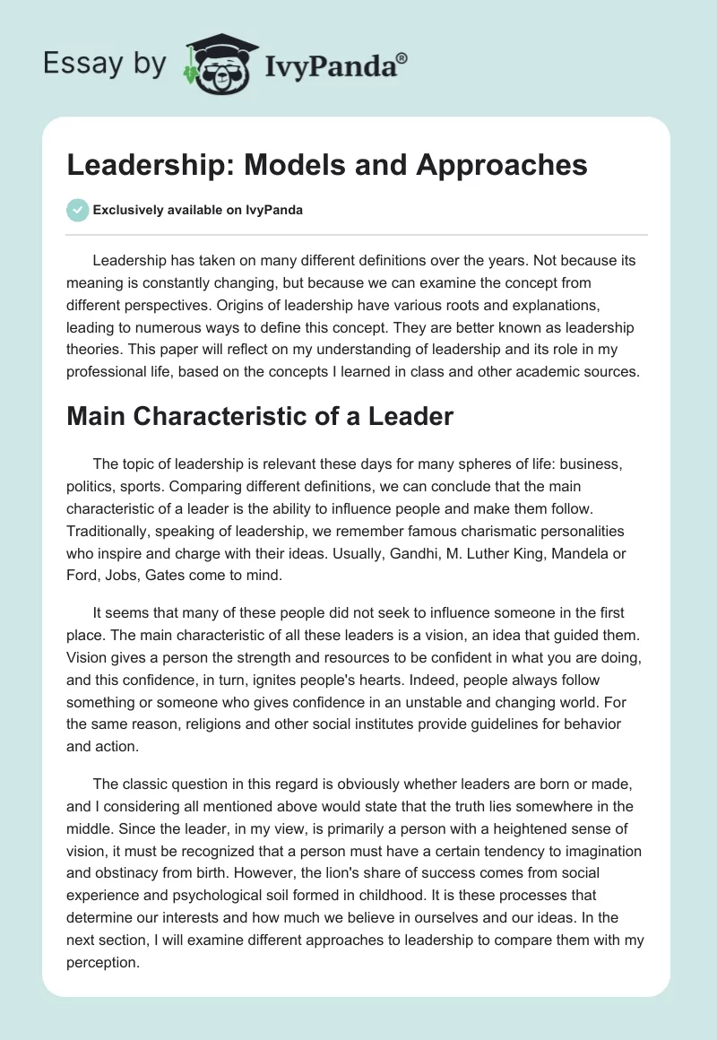 Leadership: Models and Approaches. Page 1