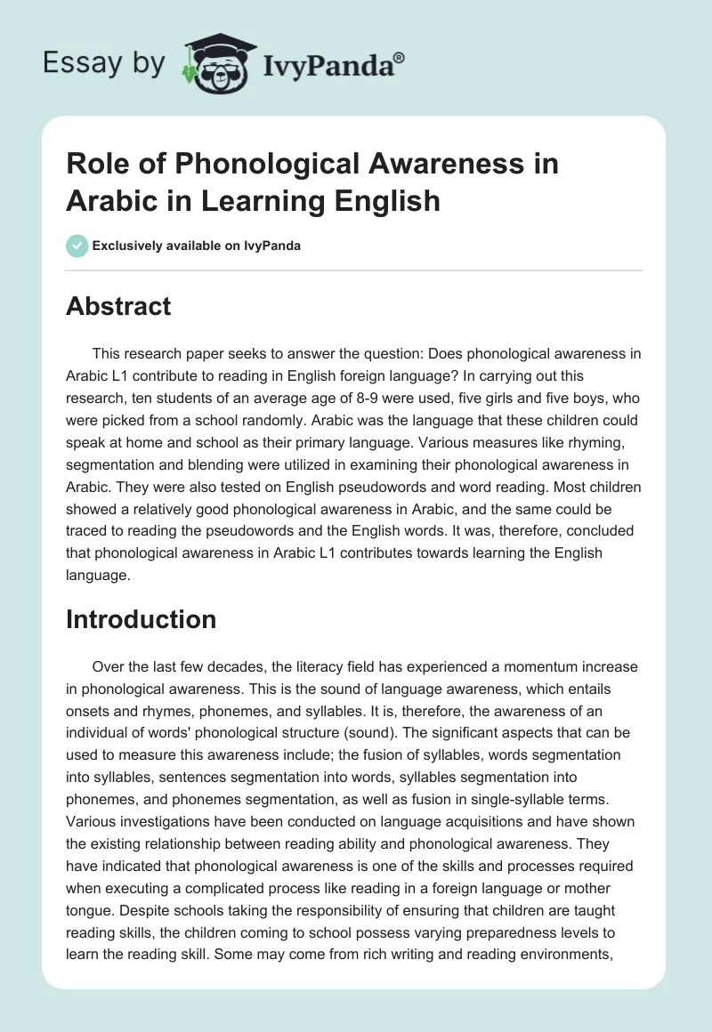 Role of Phonological Awareness in Arabic in Learning English. Page 1