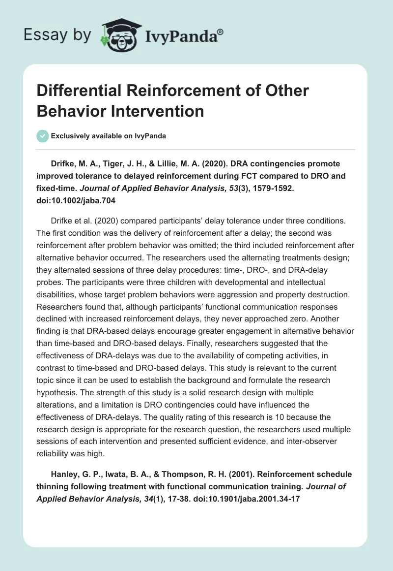 Differential Reinforcement of Other Behavior Intervention. Page 1