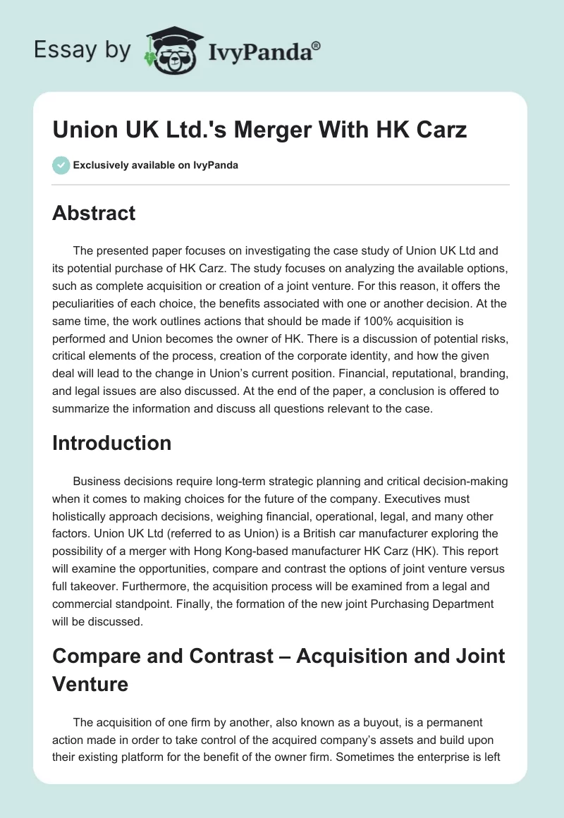 Union UK Ltd.'s Merger With HK Carz. Page 1