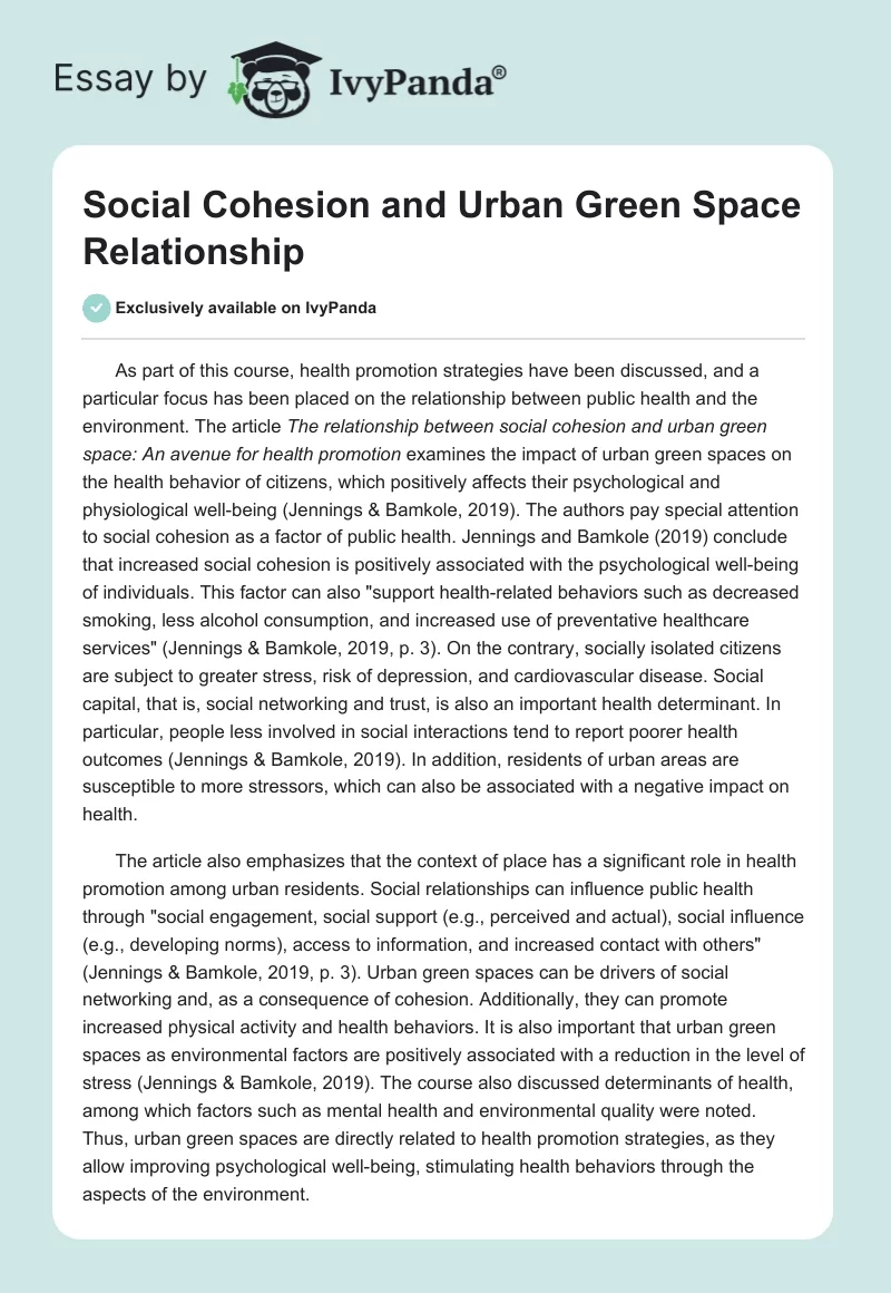 Social Cohesion and Urban Green Space Relationship. Page 1