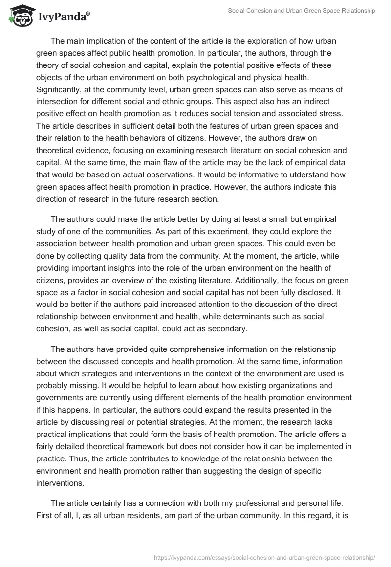 Social Cohesion and Urban Green Space Relationship. Page 2