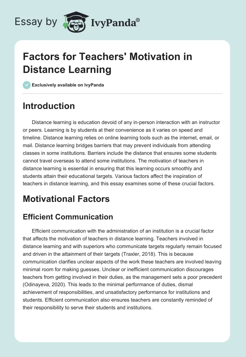Factors for Teachers' Motivation in Distance Learning. Page 1
