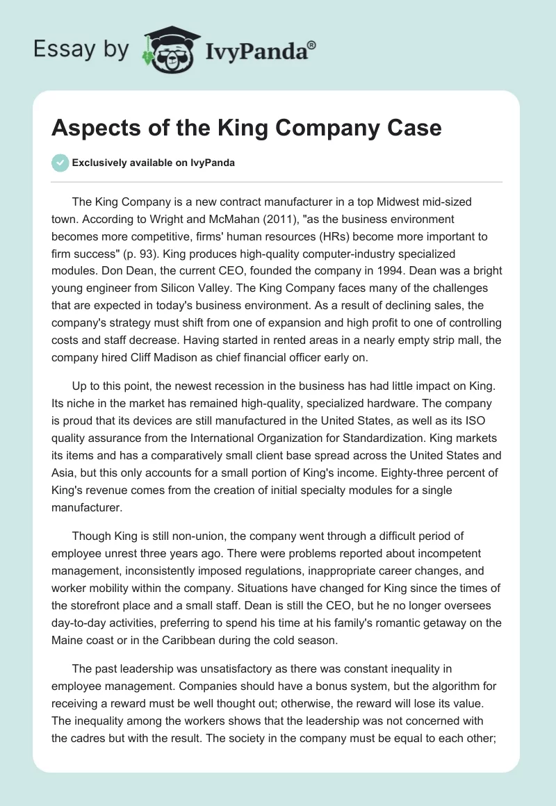 Aspects of the King Company Case. Page 1