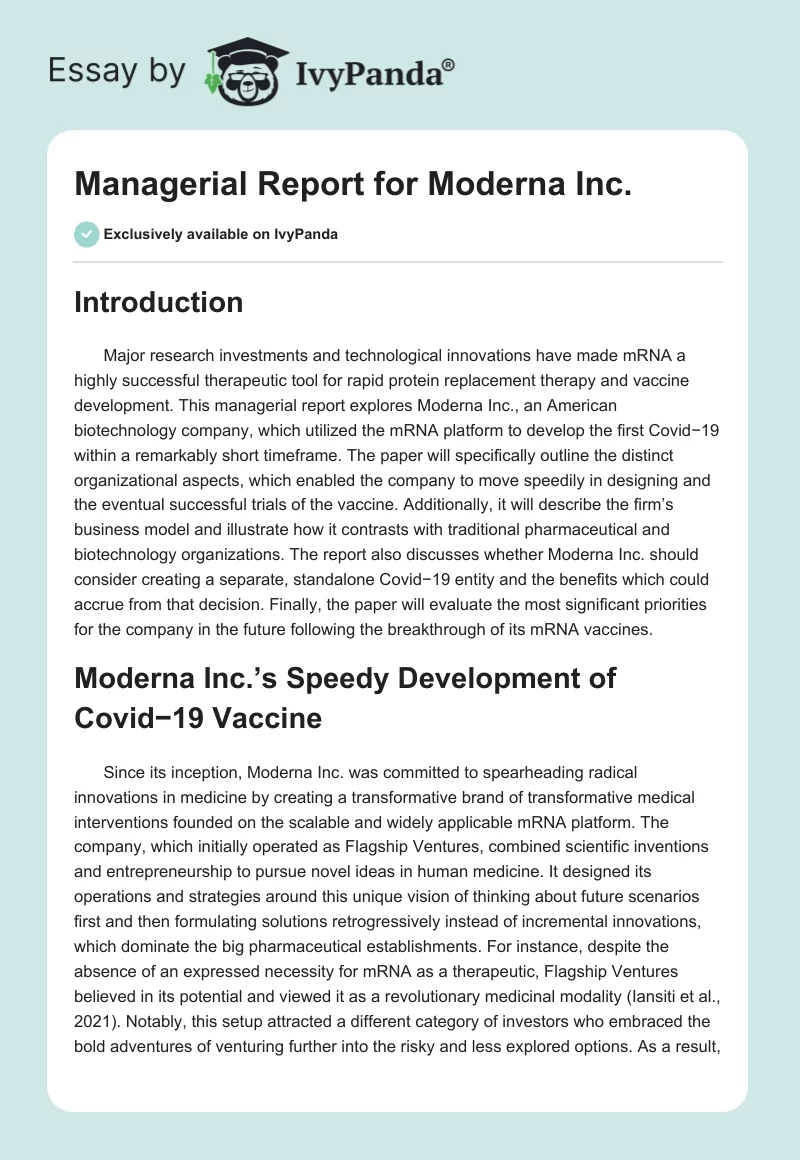 Managerial Report for Moderna Inc.. Page 1