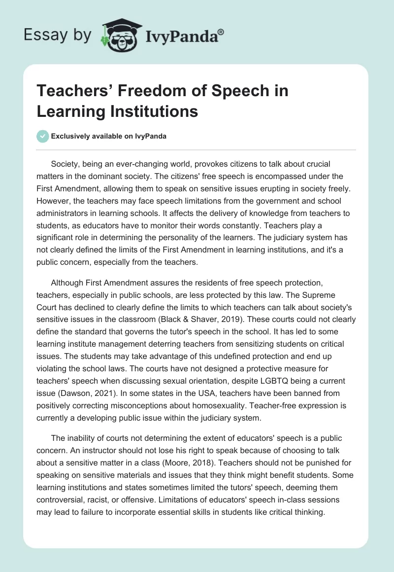 Teachers’ Freedom of Speech in Learning Institutions. Page 1