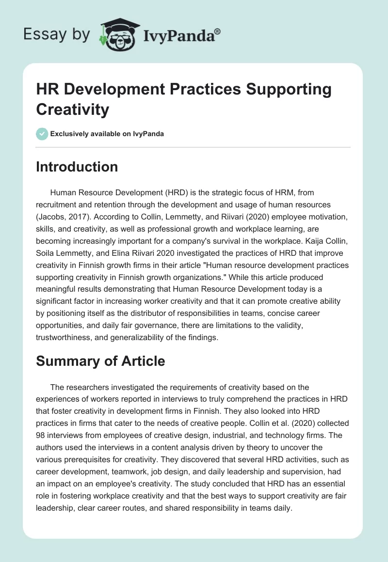 HR Development Practices Supporting Creativity. Page 1