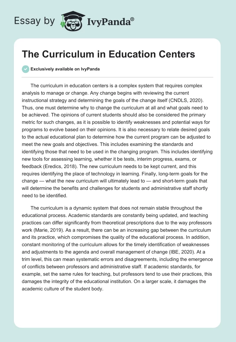 The Curriculum in Education Centers. Page 1