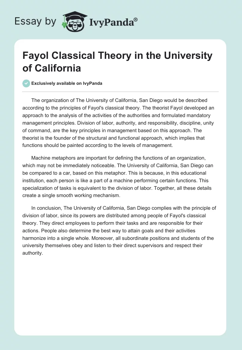 Fayol Classical Theory in the University of California. Page 1