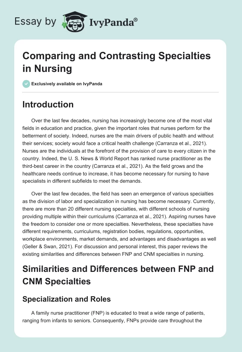 Comparing and Contrasting Specialties in Nursing. Page 1