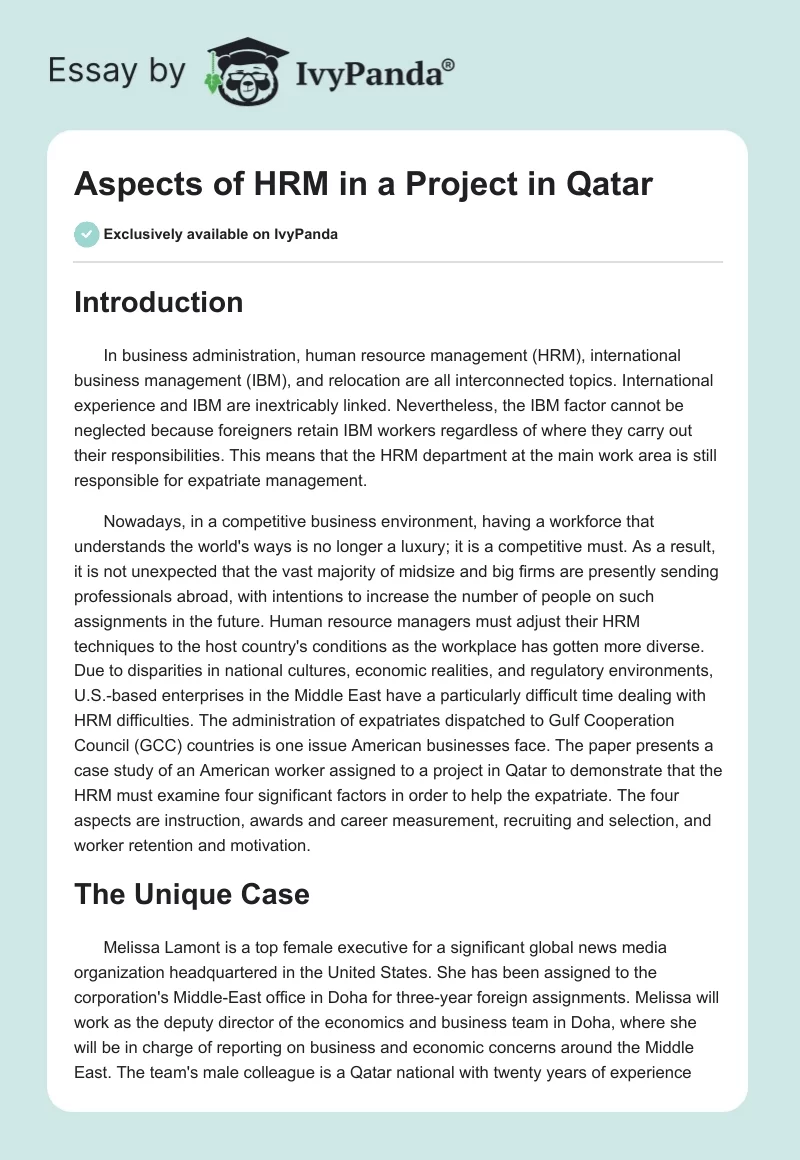 Aspects of HRM in a Project in Qatar. Page 1