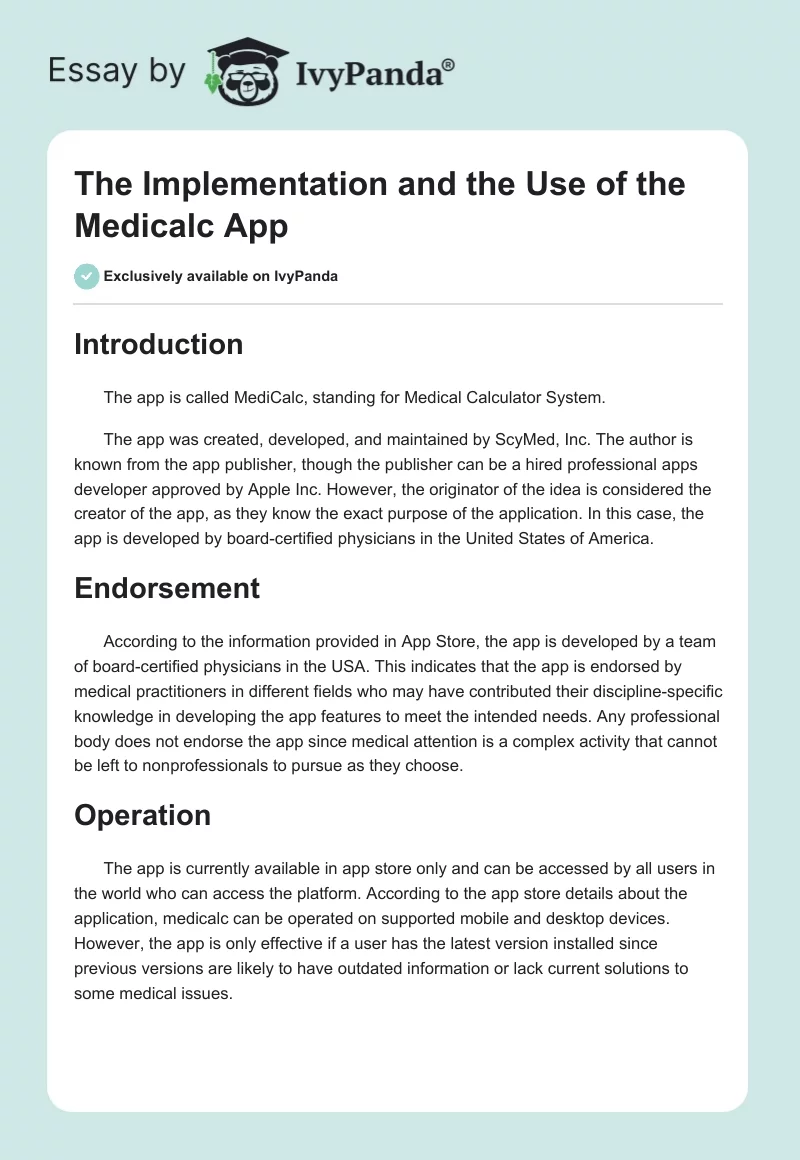 The Implementation and the Use of the Medicalc App. Page 1