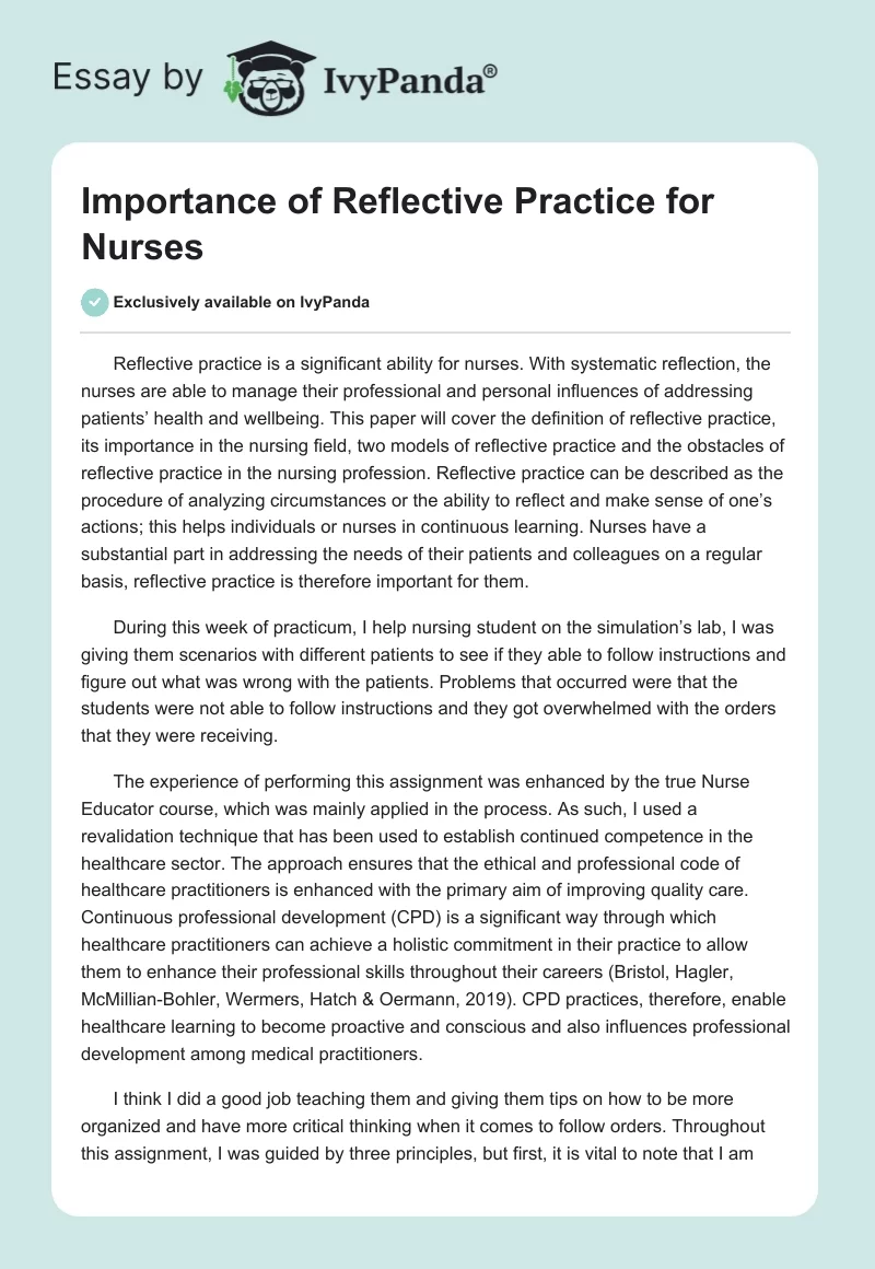 Importance of Reflective Practice for Nurses. Page 1