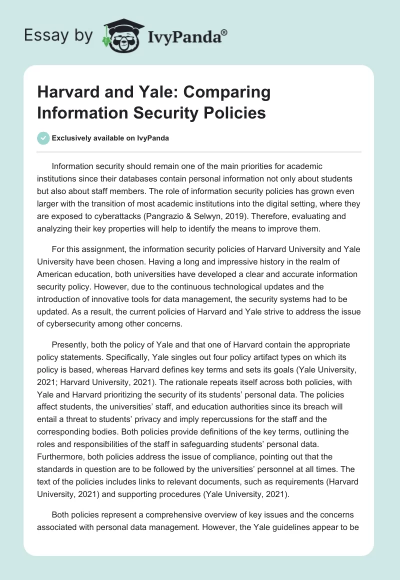 Harvard and Yale: Comparing Information Security Policies. Page 1
