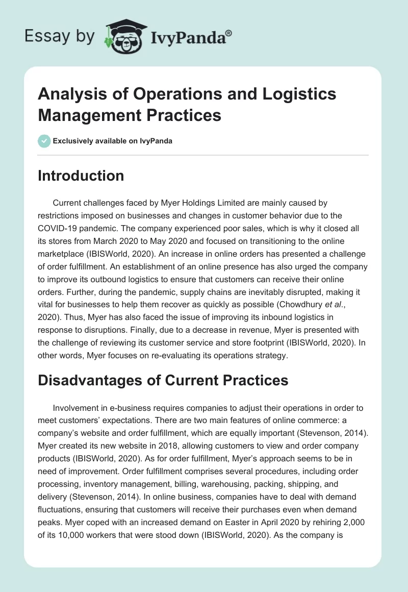 Analysis of Operations and Logistics Management Practices. Page 1