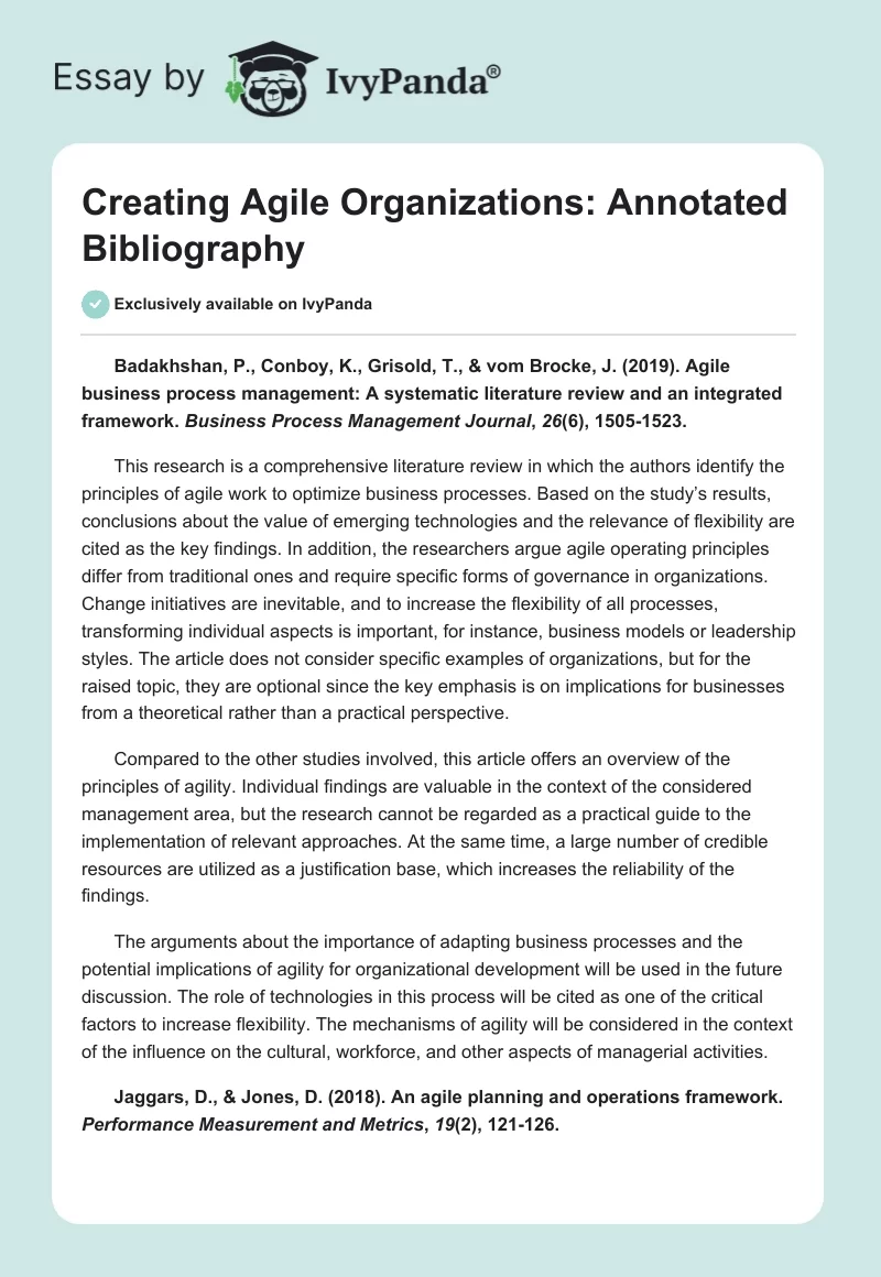 Creating Agile Organizations: Annotated Bibliography. Page 1