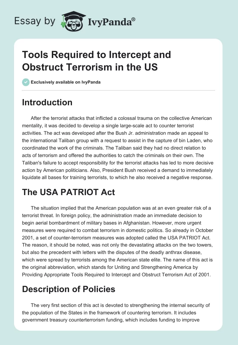Tools Required to Intercept and Obstruct Terrorism in the US. Page 1