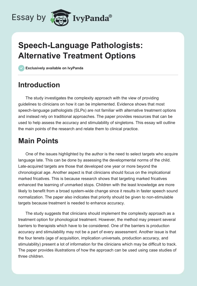 Speech-Language Pathologists: Alternative Treatment Options. Page 1