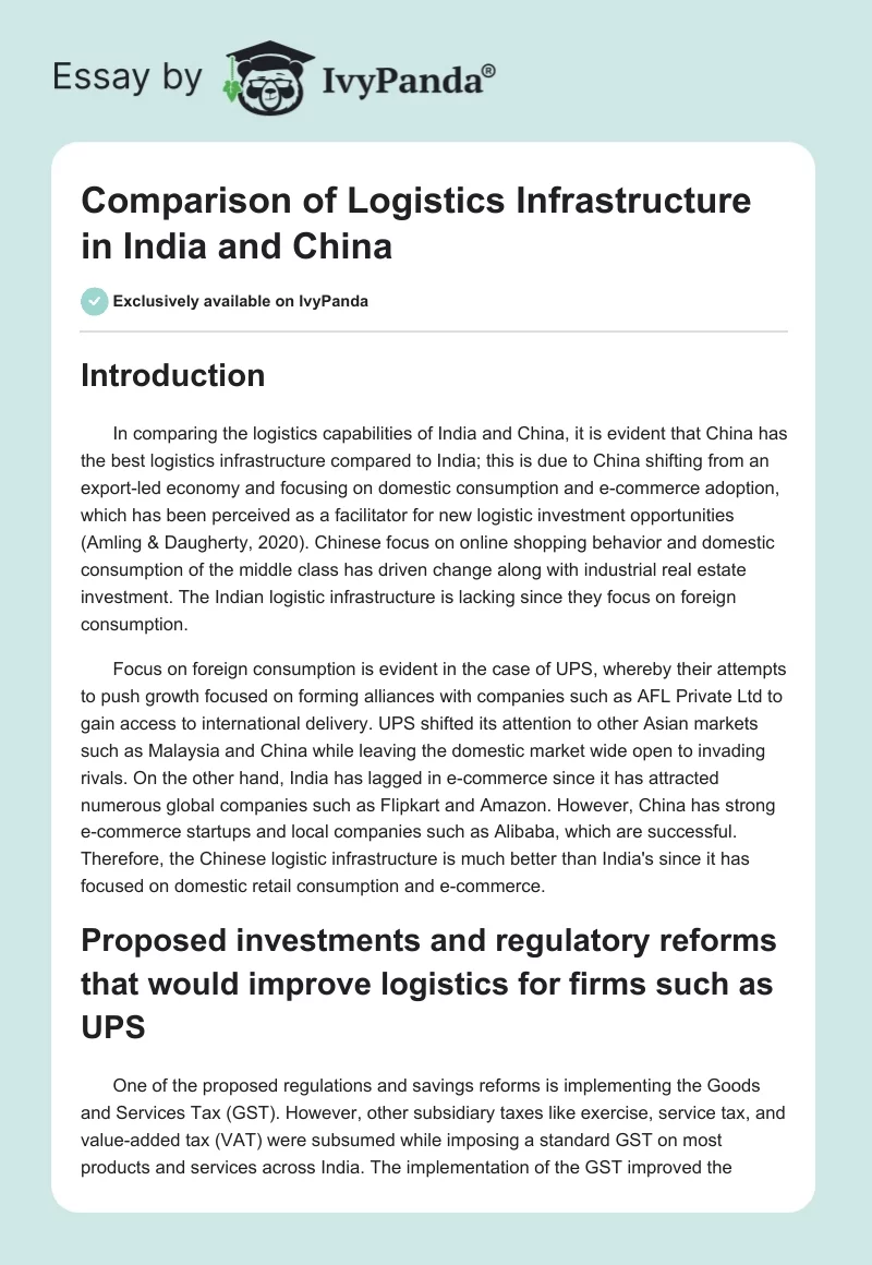 Comparison of Logistics Infrastructure in India and China. Page 1