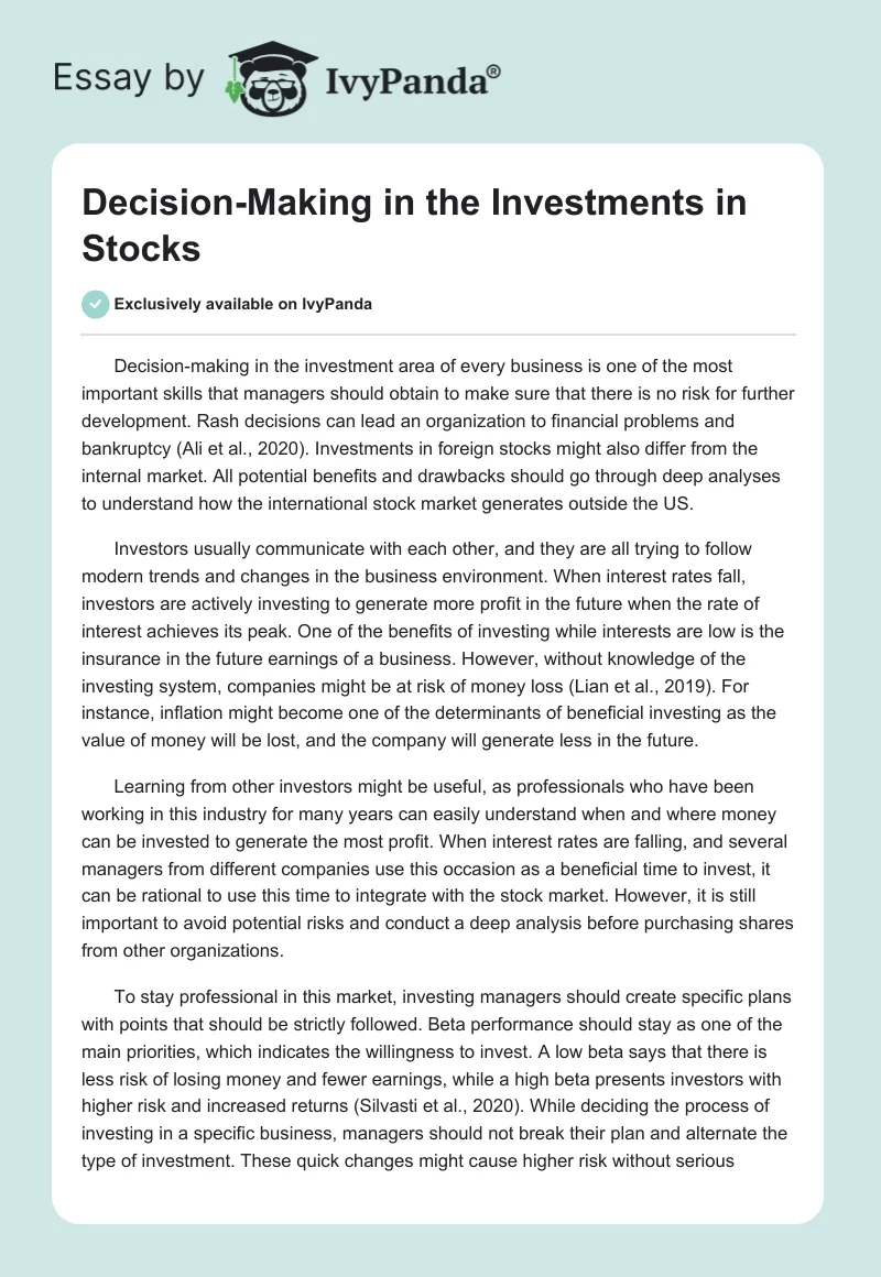 Decision-Making in the Investments in Stocks. Page 1